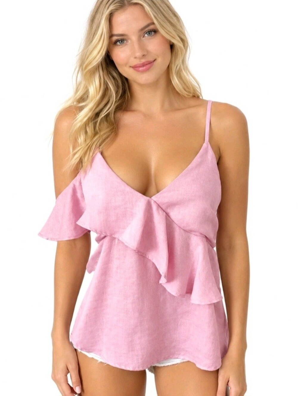 NSR Pink Ruffle Camisole Top  One Shoulder Spaghetti Strap Size Small
